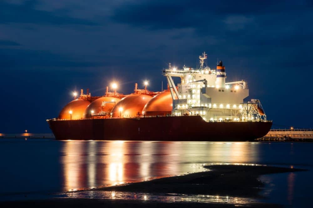 Tanker in the port with lights on, night photography